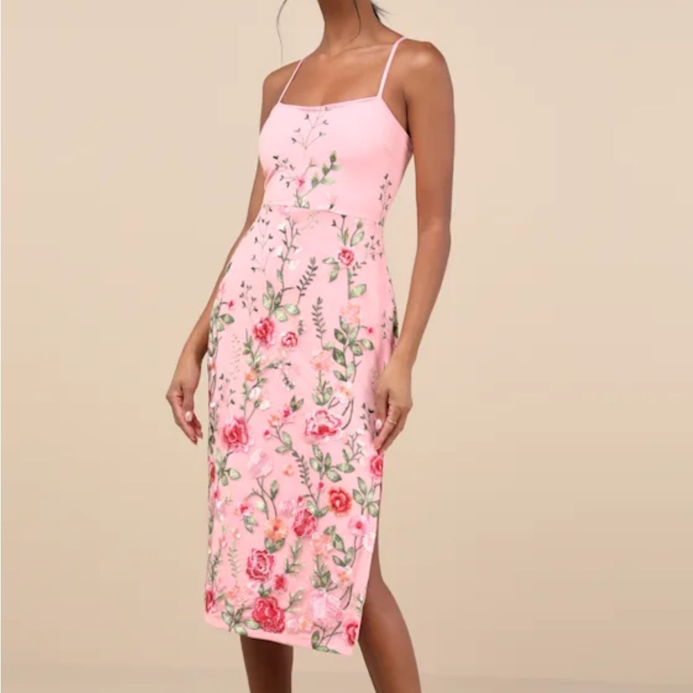 Lulus Blooming For Love Pink Floral Embroidered Midi Dress